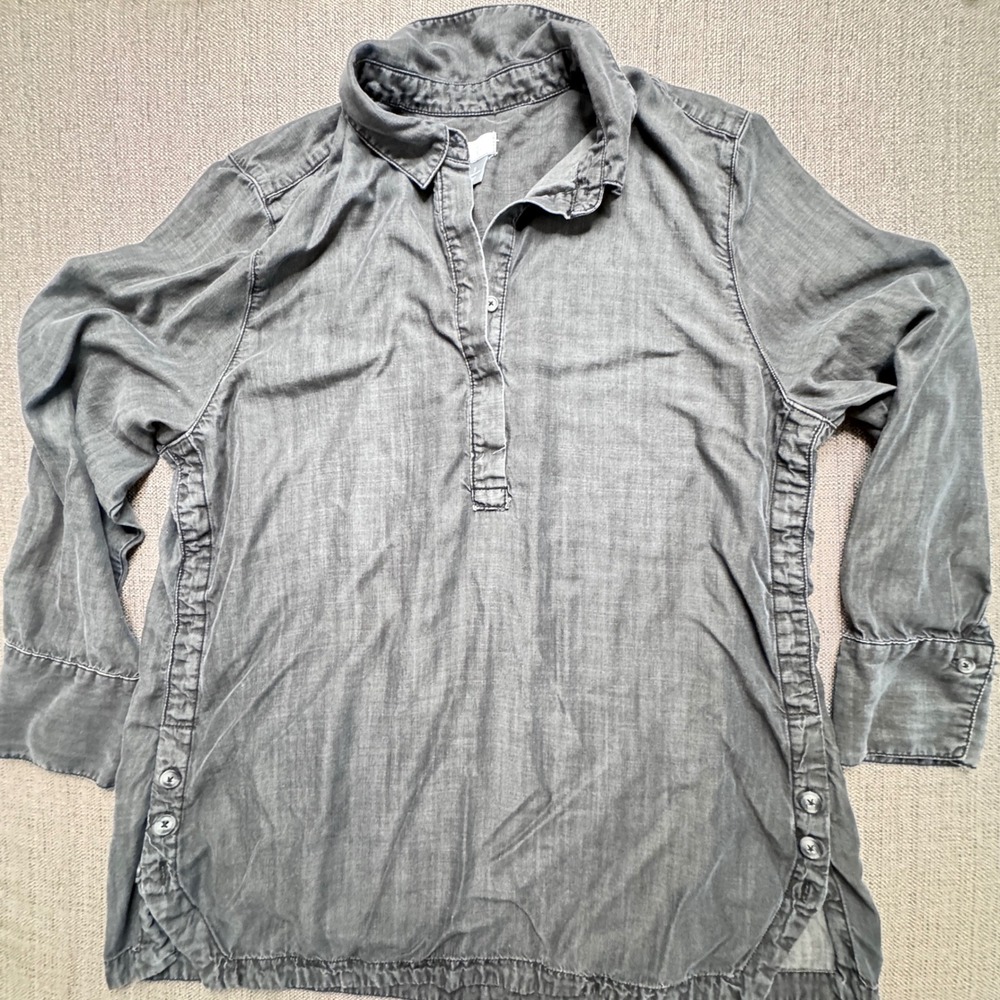 Chicos Gray Tencel Lyocell Henley Tunic Top Long Sleeve Side Button Size 3 XL